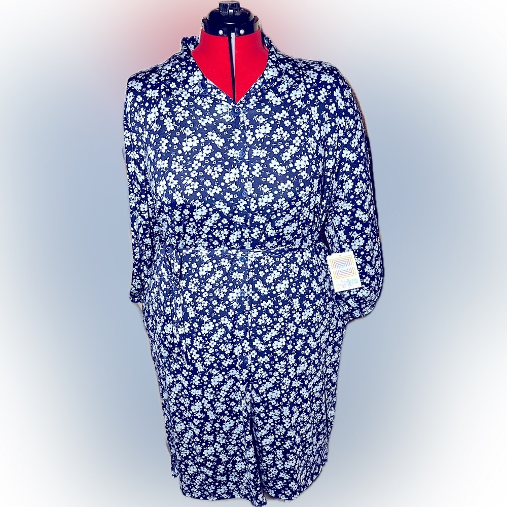 NWT LLR Navy Button-down Ellie Dress with Blue Floral Pattern
